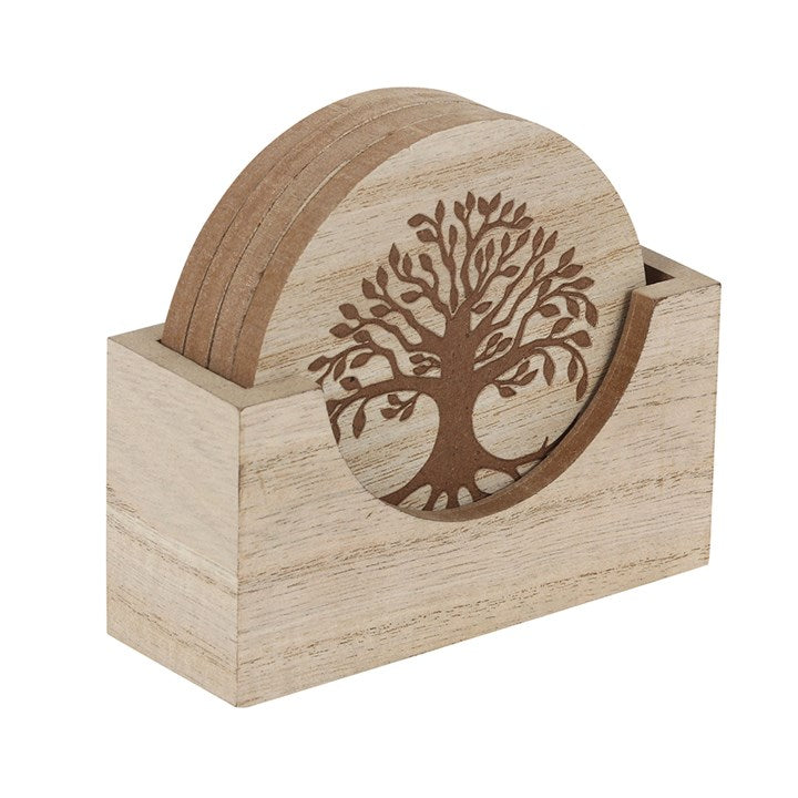 SET OF FOUR TREE OF LIFE ENGRAVED WOODEN COASTERS
