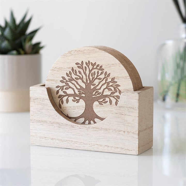 SET OF FOUR TREE OF LIFE ENGRAVED WOODEN COASTERS
